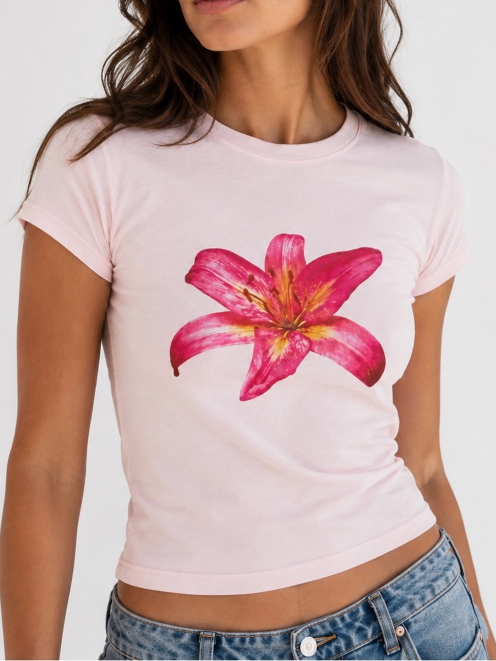 Edikted Baby Tee Pink with Flower Fitted top size medium